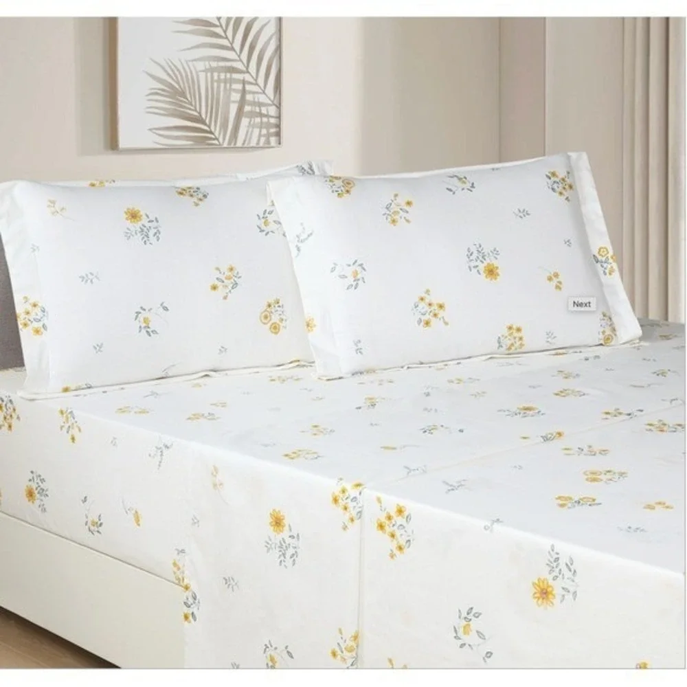 Leila Yellow Floral 100% Cotton Sheet Set‎ with Pillowcases Queen Shabby Chic